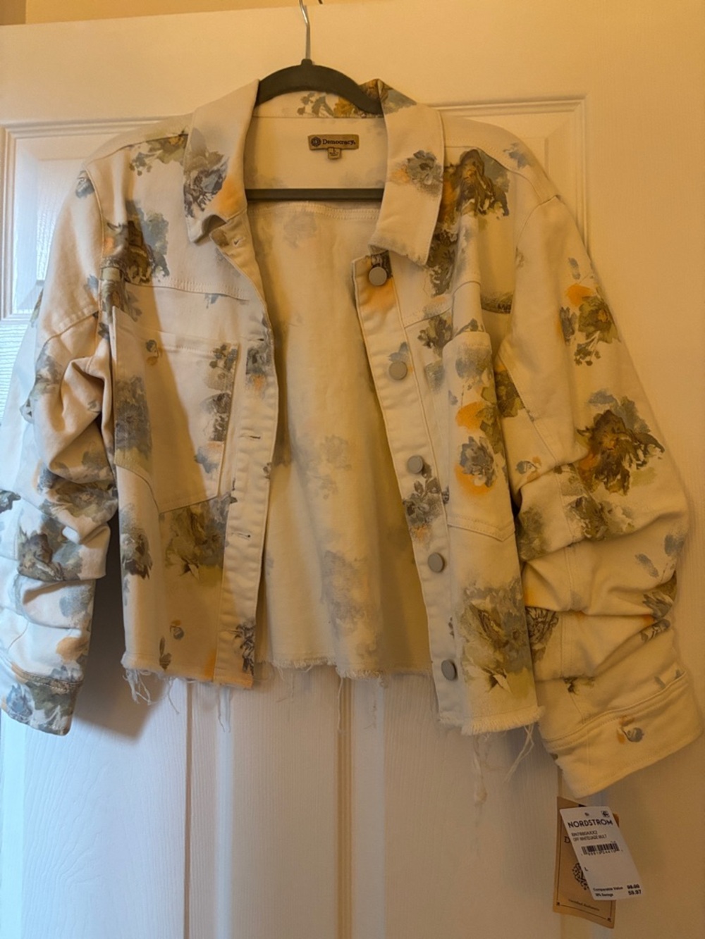 Democracy Cream Floral Cropped Jean Jacket with Yellow & Gray Accents